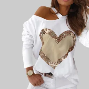 Julia Fashion - Women Fashion Casual Heart Print  Sequin Decor Blouses