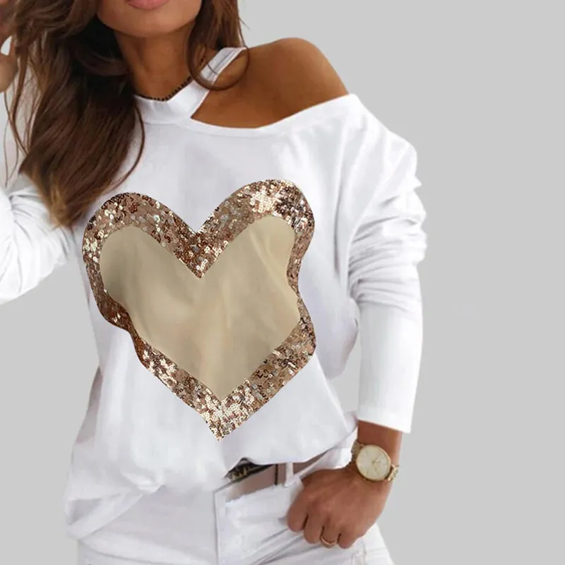 Julia Fashion - Women Fashion Casual Heart Print  Sequin Decor Blouses