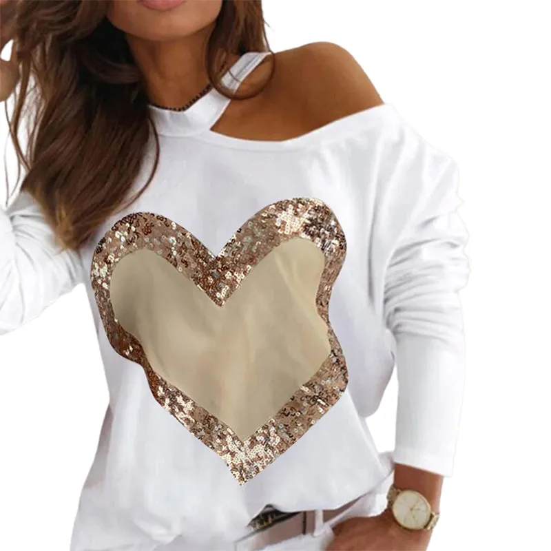 Julia Fashion - Women Fashion Casual Heart Print  Sequin Decor Blouses