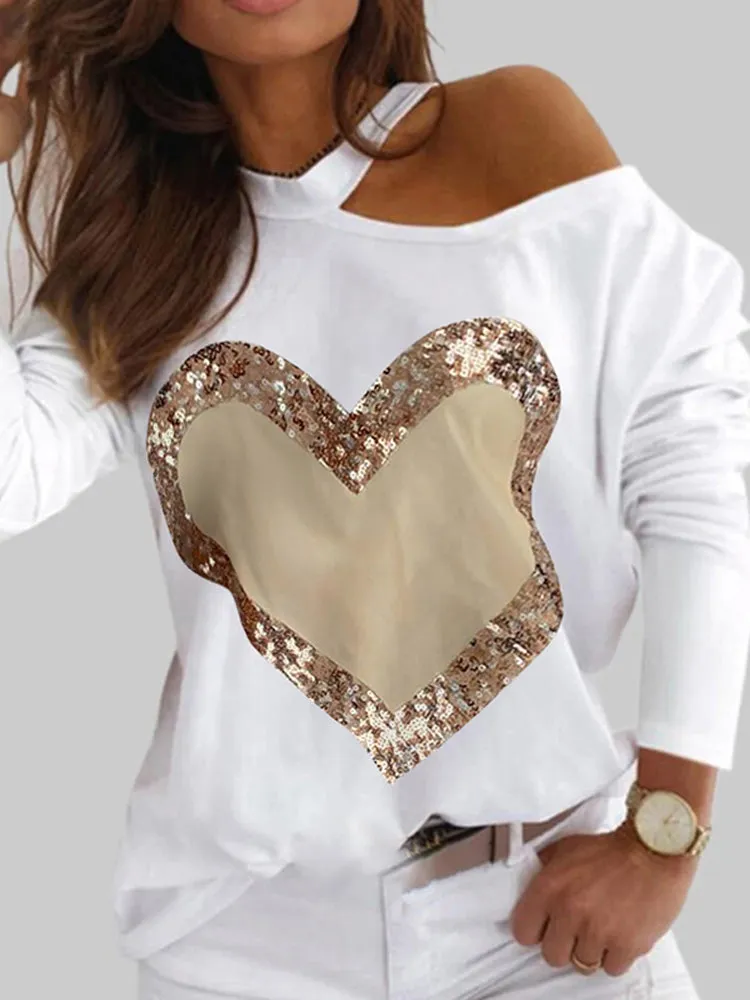 Julia Fashion - Women Fashion Casual Heart Print  Sequin Decor Blouses