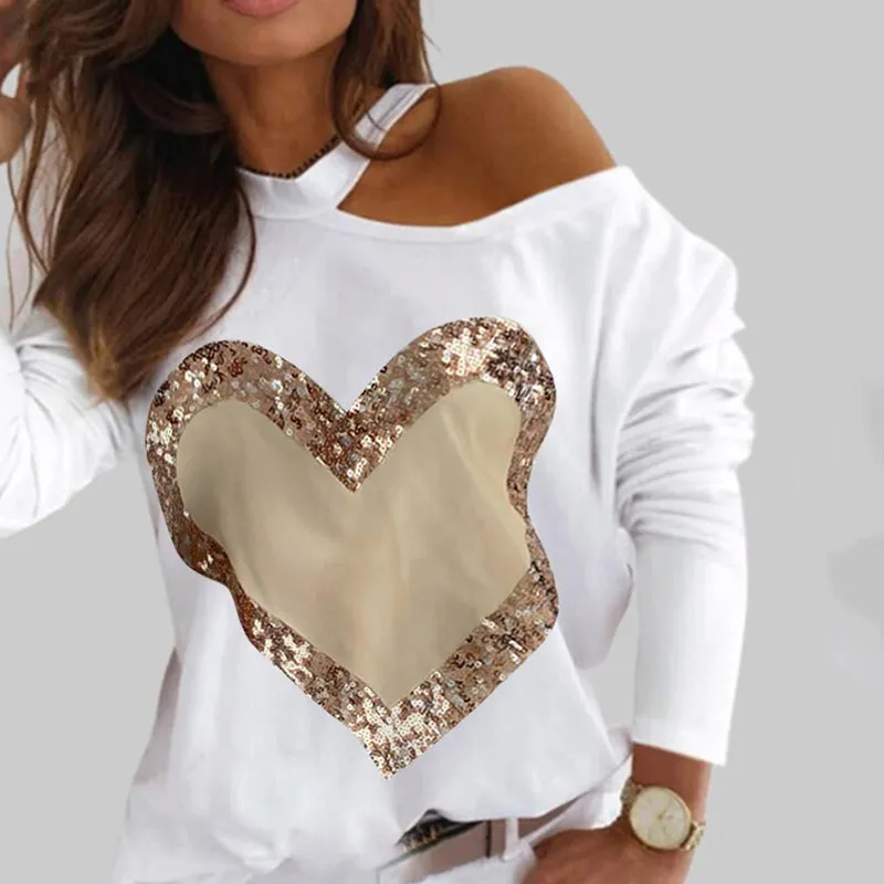 Julia Fashion - Women Fashion Casual Heart Print  Sequin Decor Blouses