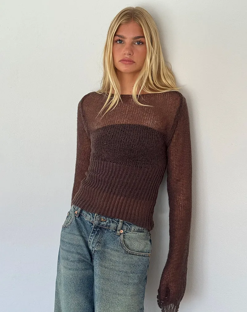 Manon Long Sleeve Sheer Knit Top in Chocolate Brown