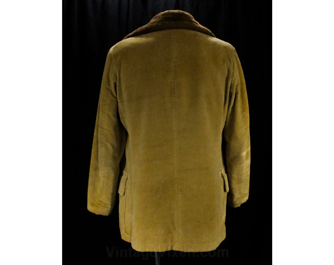 Men's Large Corduroy Jacket - Rugged Hipster 1960s Tan Brown Coat with Faux Shearling Lapel - 60s Mens Winter Cowboy Outerwear - Chest 46