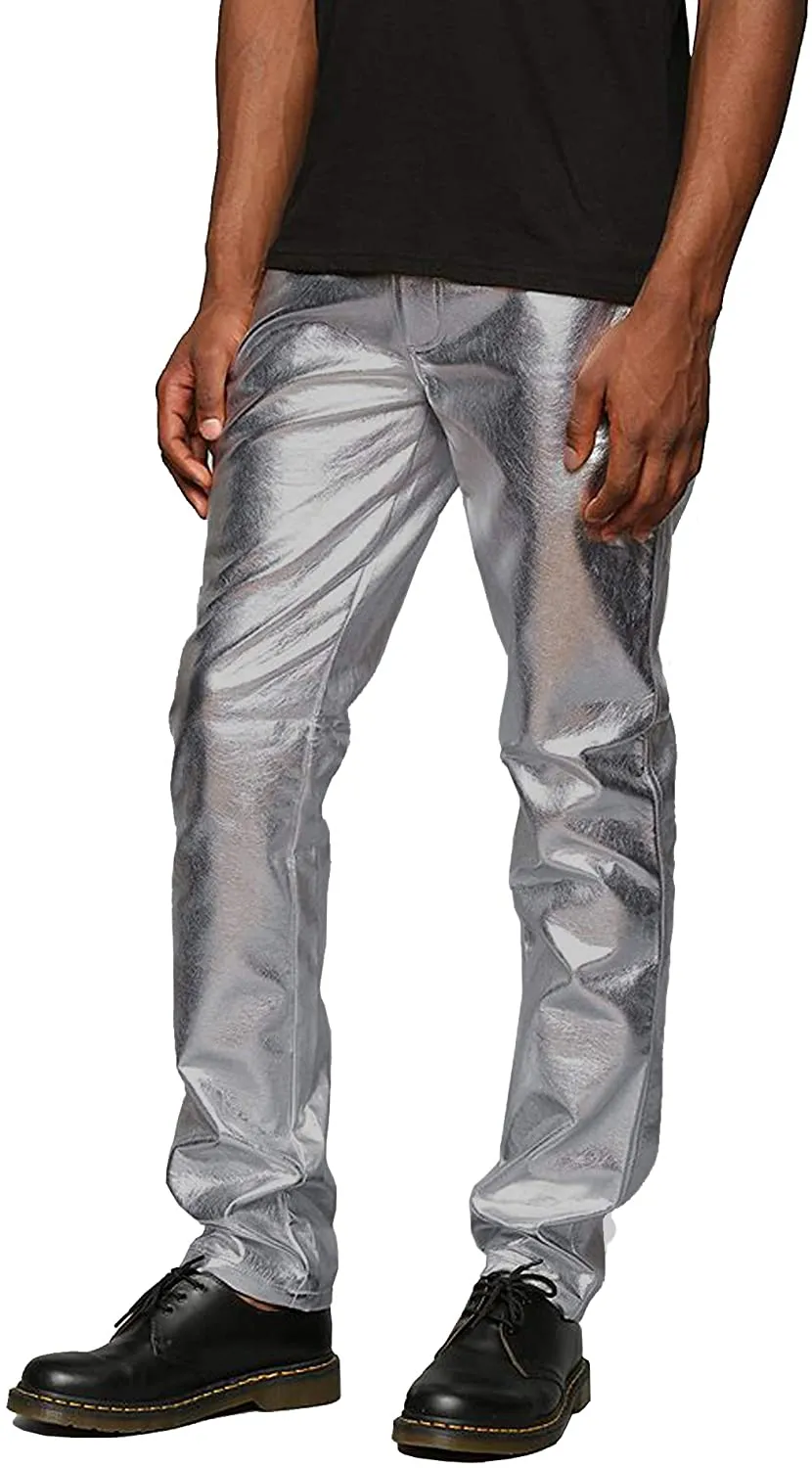 Men's Metallic Blue Shiny Pants Straight Leg Trousers