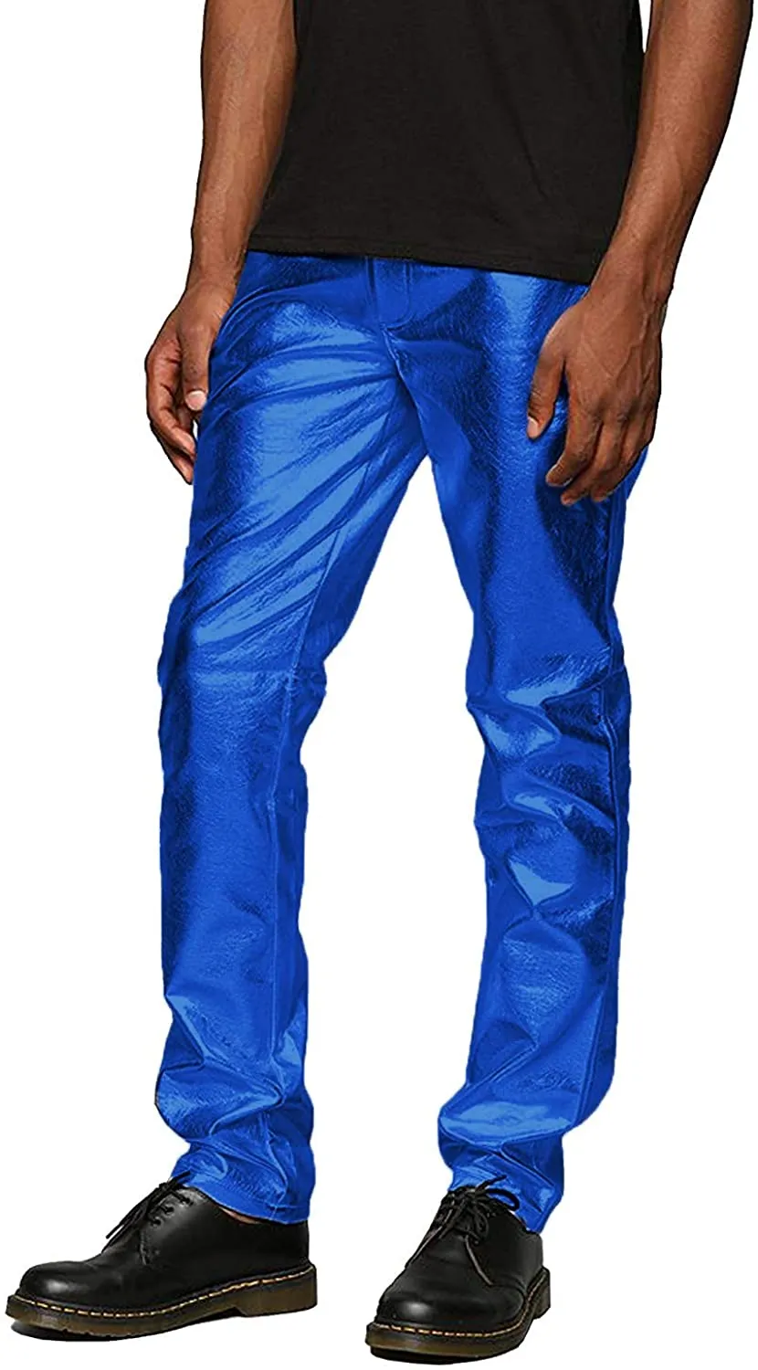 Men's Metallic Blue Shiny Pants Straight Leg Trousers