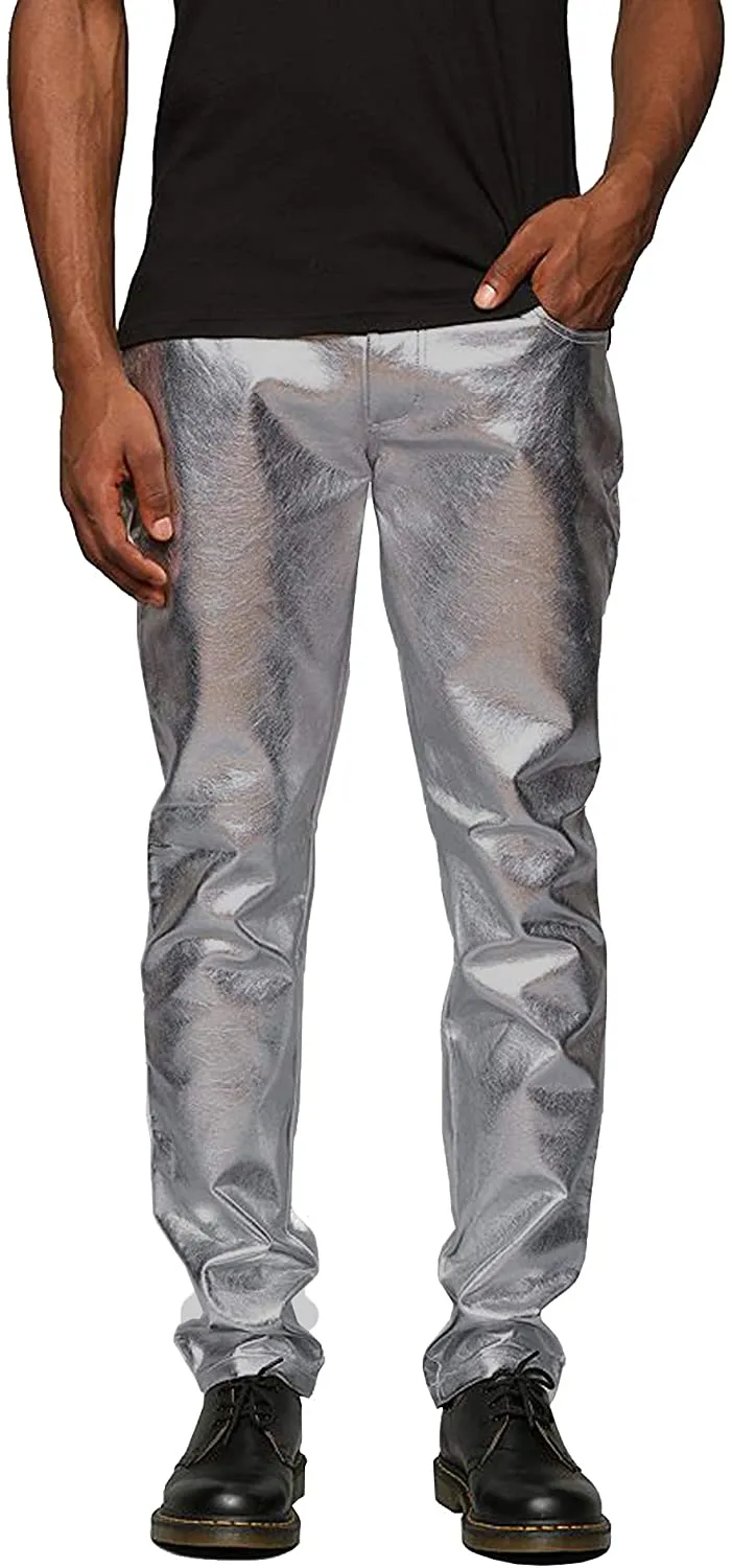 Men's Metallic Blue Shiny Pants Straight Leg Trousers