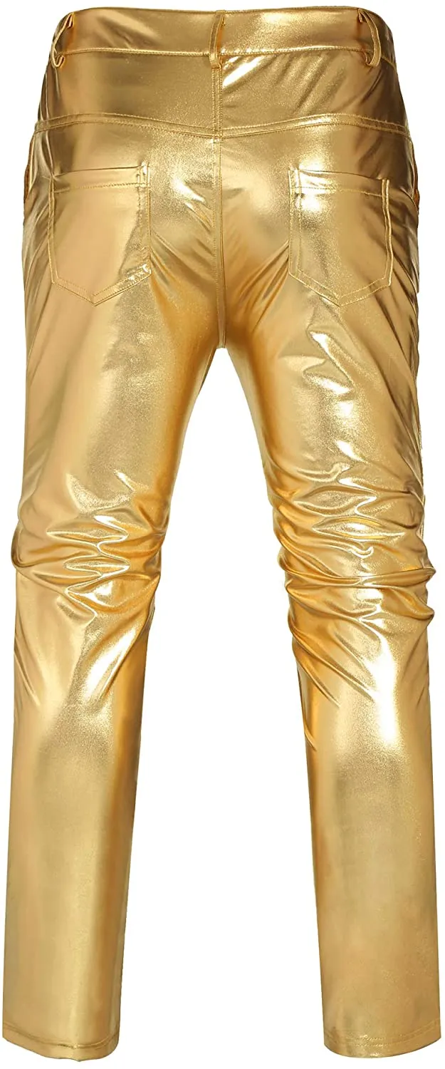 Men's Metallic Blue Shiny Pants Straight Leg Trousers