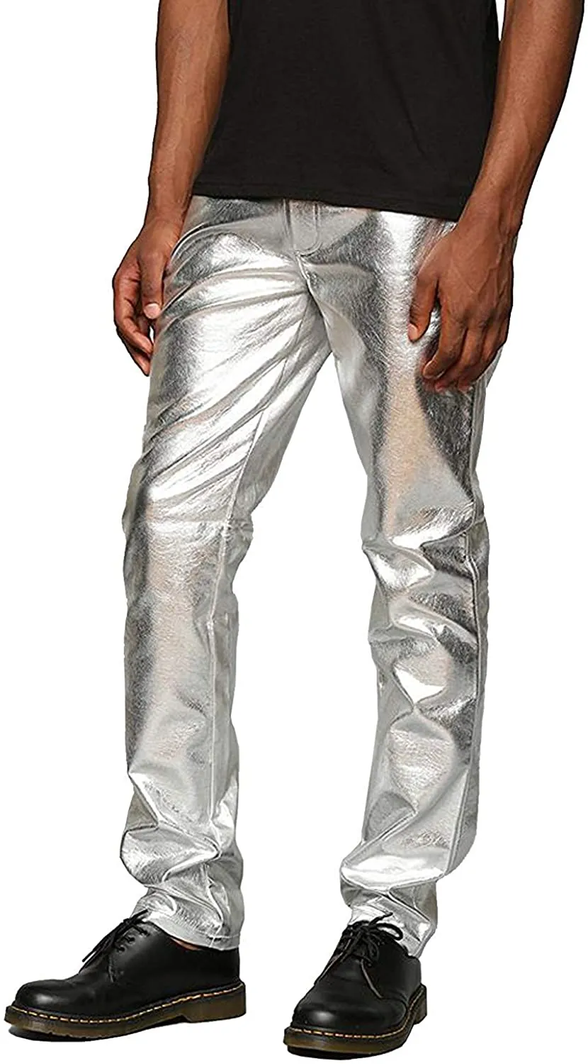 Men's Metallic Blue Shiny Pants Straight Leg Trousers