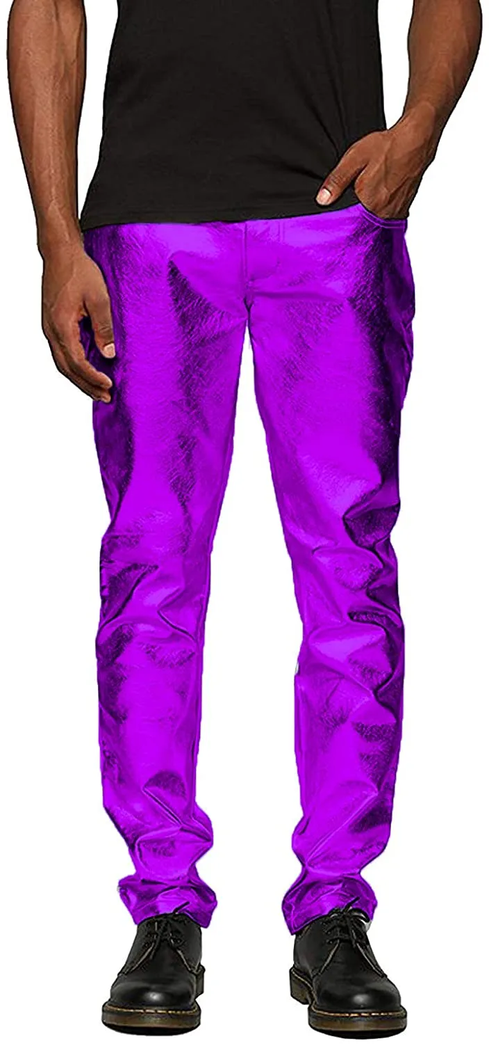 Men's Metallic Blue Shiny Pants Straight Leg Trousers