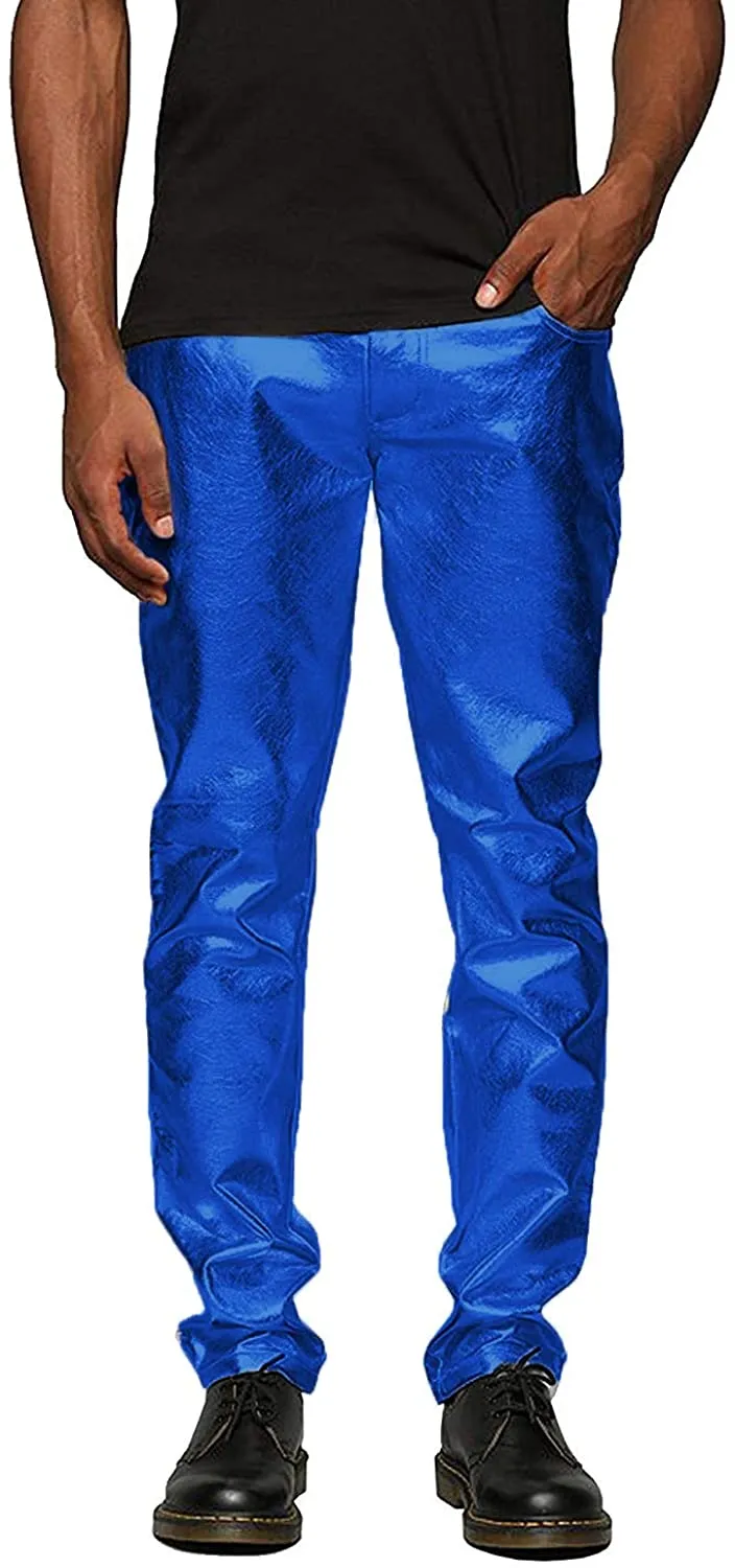 Men's Metallic Blue Shiny Pants Straight Leg Trousers