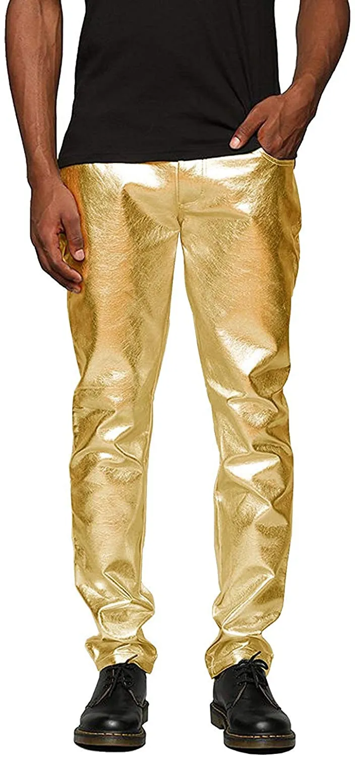 Men's Metallic Blue Shiny Pants Straight Leg Trousers