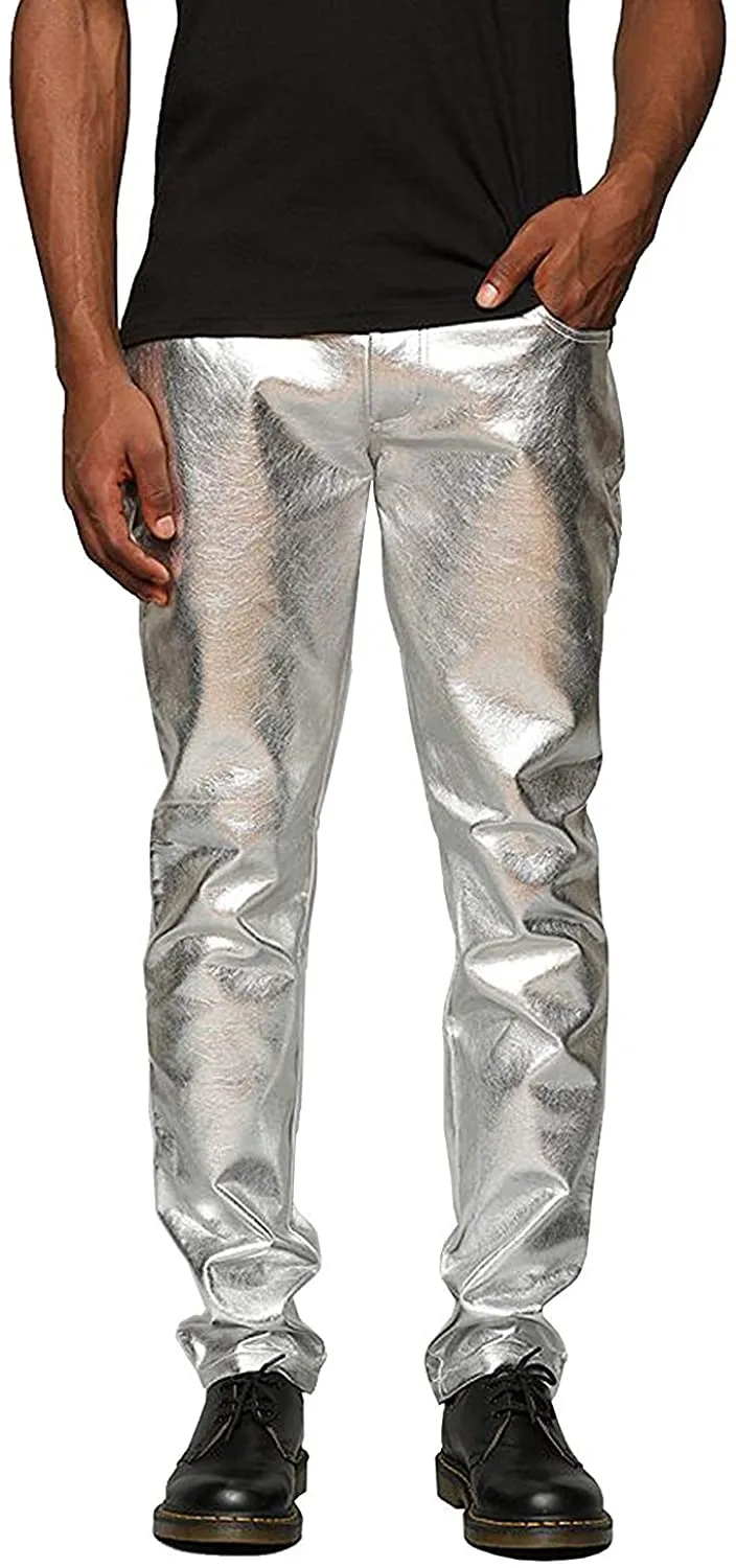 Men's Metallic Blue Shiny Pants Straight Leg Trousers