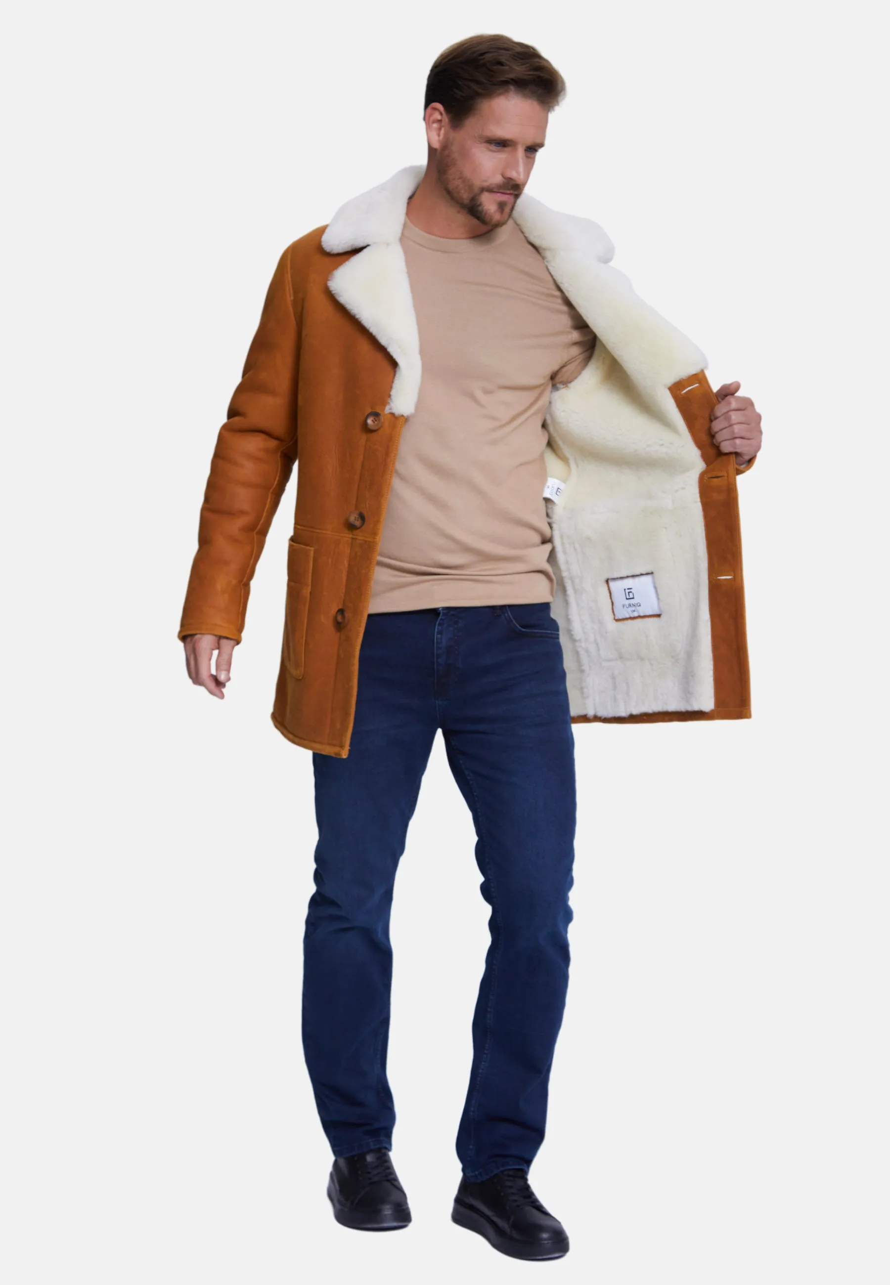 Men's Sheepskin Coat, Washed Whiskey with White Wool