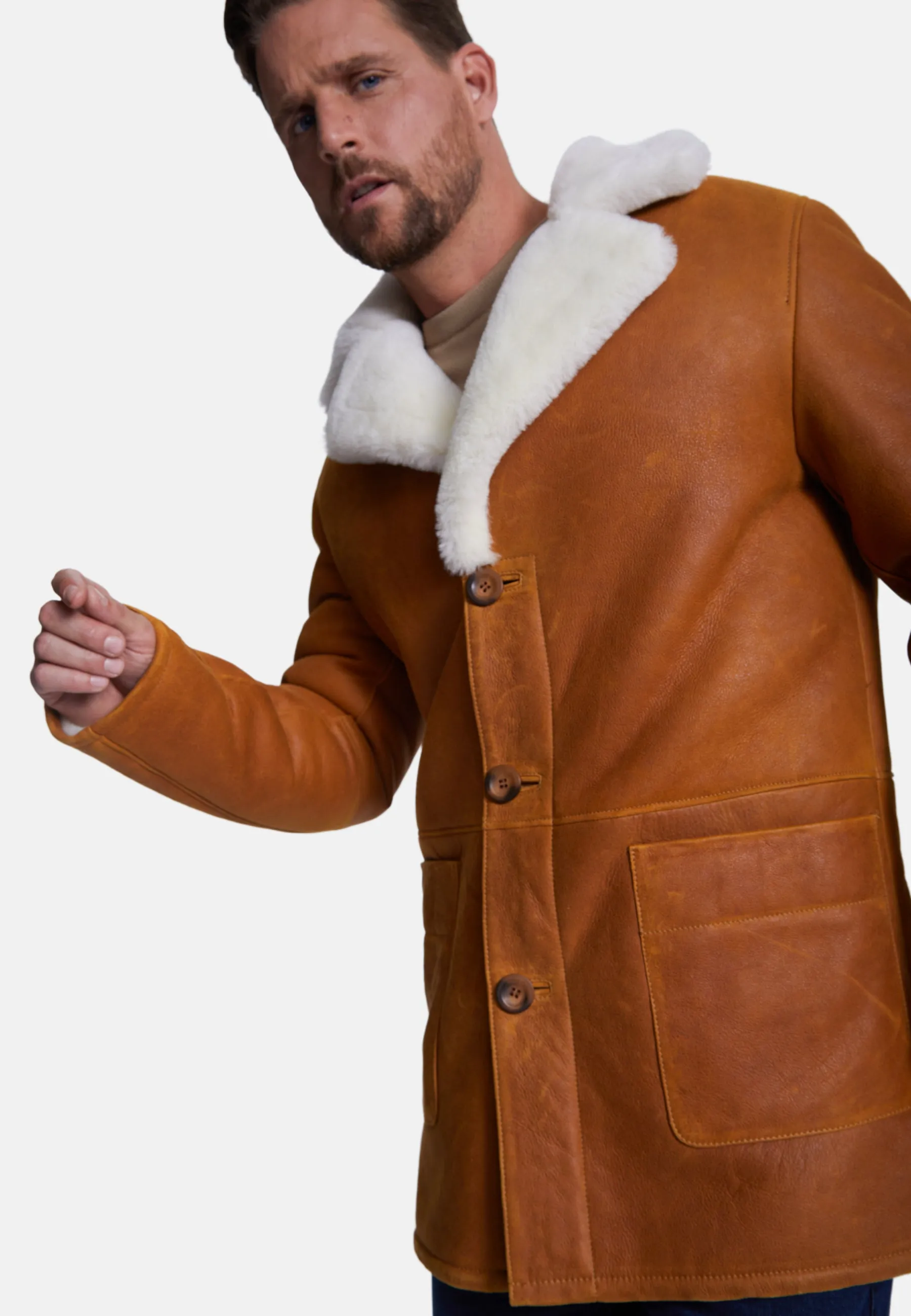 Men's Sheepskin Coat, Washed Whiskey with White Wool