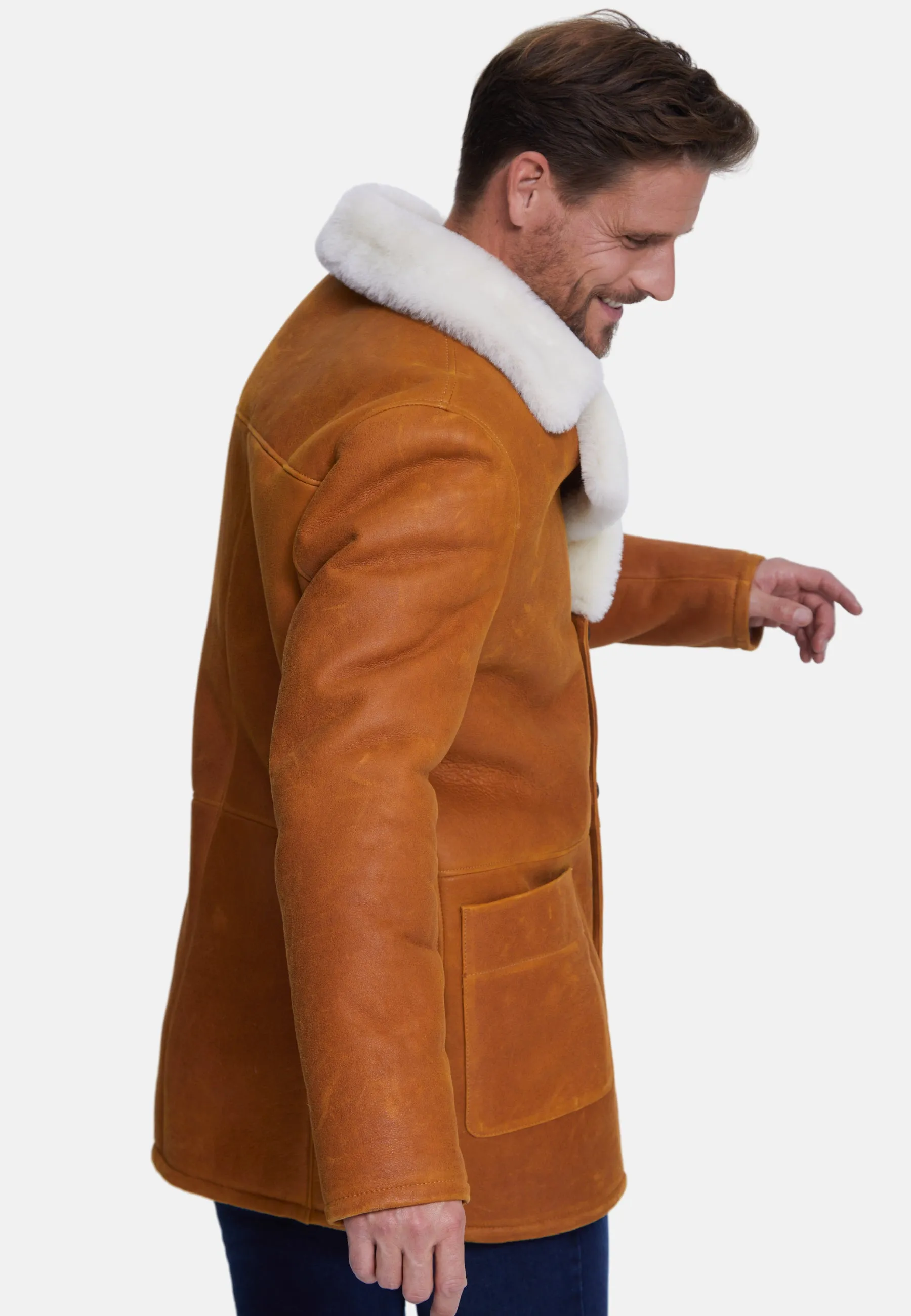 Men's Sheepskin Coat, Washed Whiskey with White Wool