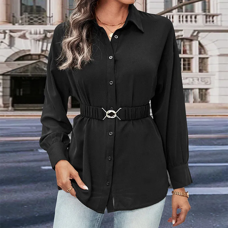 Mid-Length Solid Color Lapel Shirts With Belt Wholesale Womens Clothing N3824091200036