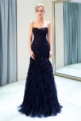 Navy Blue Sheath Sweetheart Strapless Draped Tulle Pleats Prom Dresses