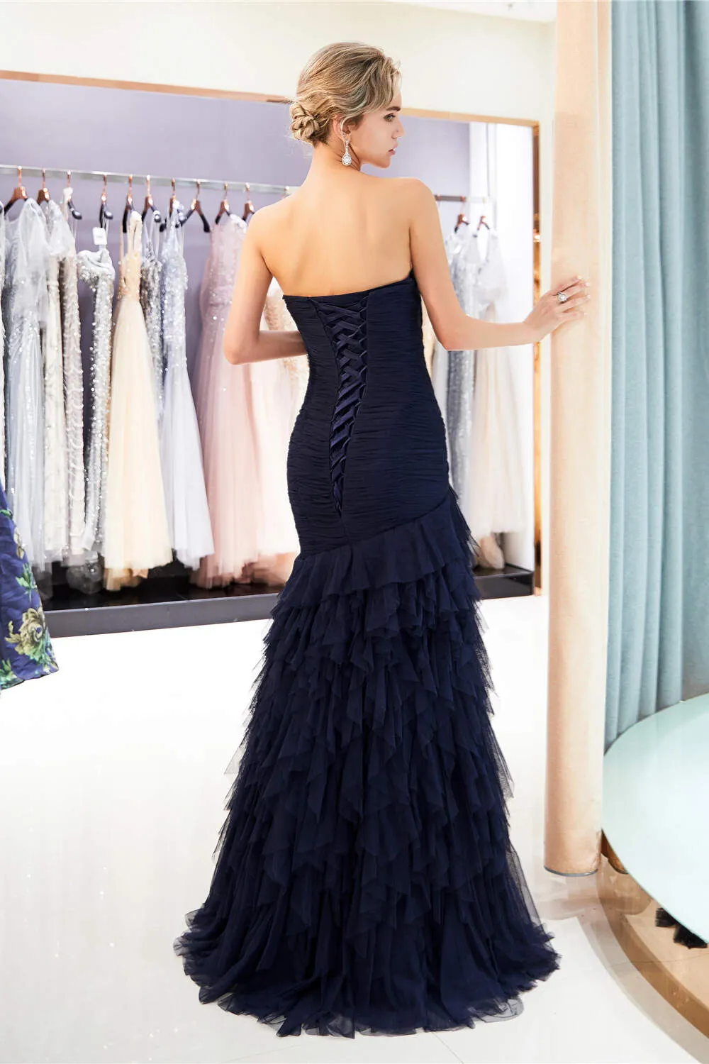 Navy Blue Sheath Sweetheart Strapless Draped Tulle Pleats Prom Dresses