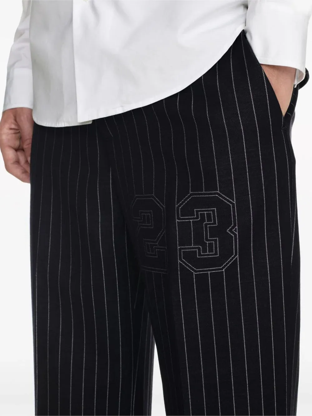 Number-Print Pinstriped Slim-Cut Trousers