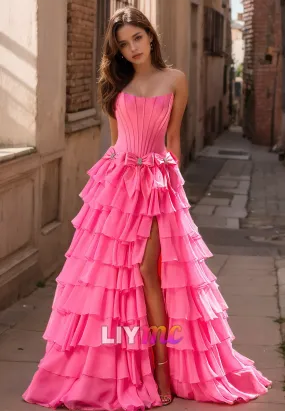 Off-Shoulder Sleeveless Tiered Side Slit A-Line Prom Dress