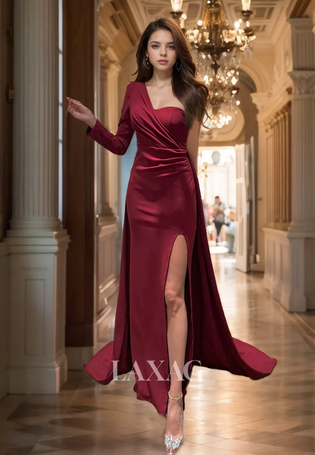 One Long-Sleeves Slit Sweep Train Satin Party Gowns Asymmetrical-Neck Mermaid Prom Dress