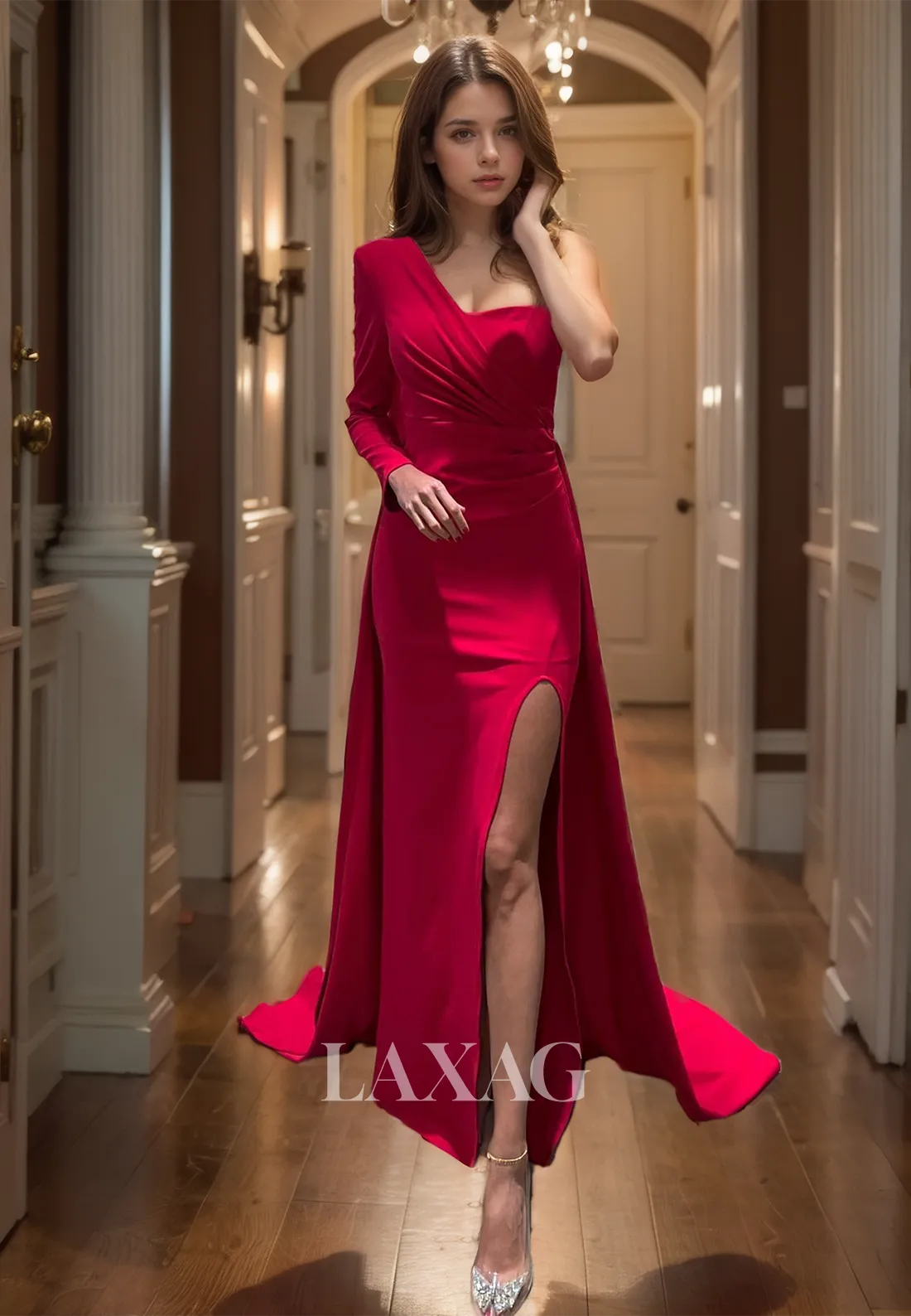 One Long-Sleeves Slit Sweep Train Satin Party Gowns Asymmetrical-Neck Mermaid Prom Dress