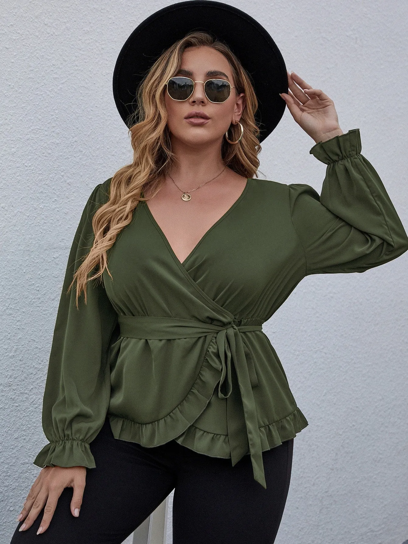 Plain Wrap Long Sleeve V Neck Regular Plus Size Blouse