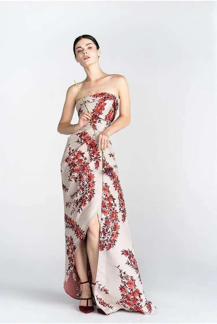 Print satin long slit strapless evening dress - Gini