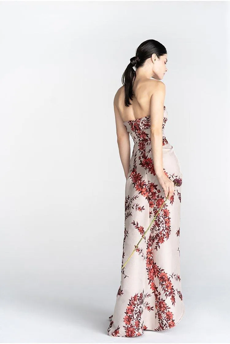 Print satin long slit strapless evening dress - Gini