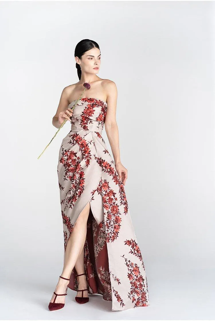 Print satin long slit strapless evening dress - Gini