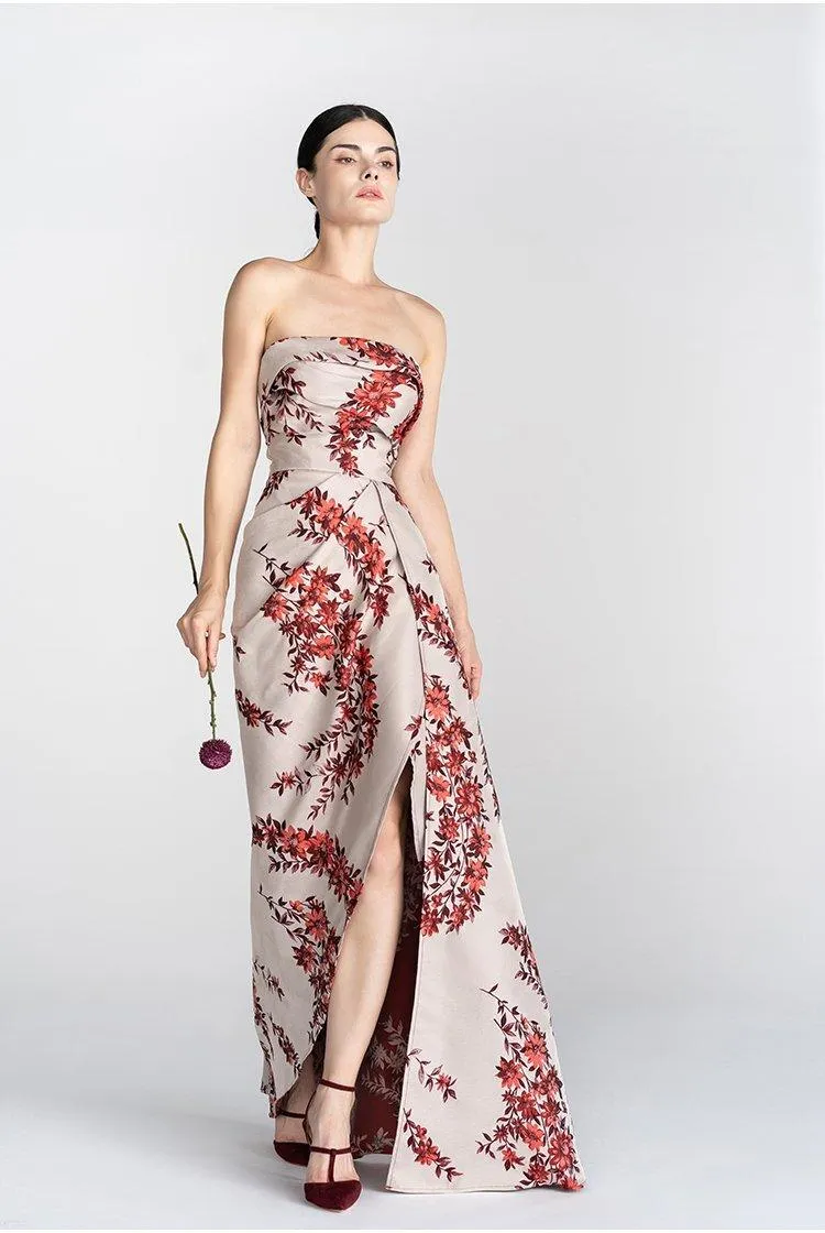 Print satin long slit strapless evening dress - Gini