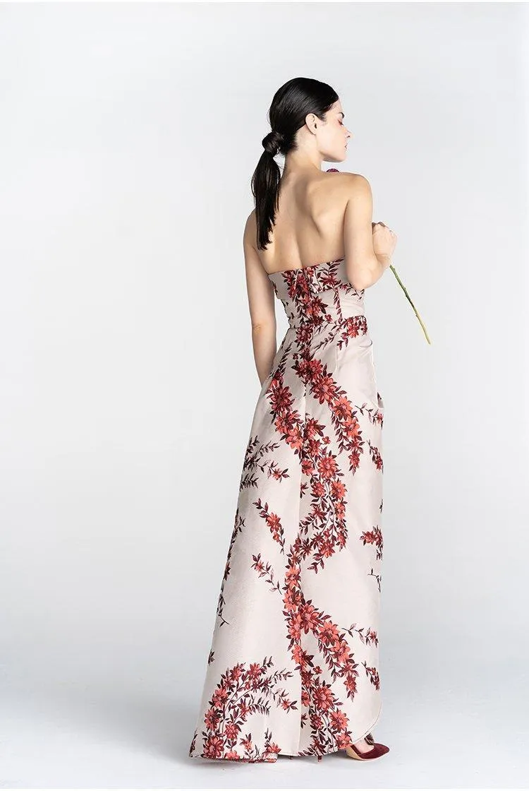 Print satin long slit strapless evening dress - Gini