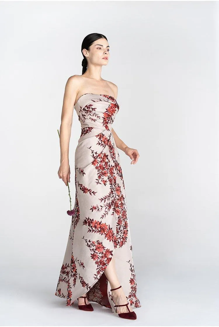 Print satin long slit strapless evening dress - Gini