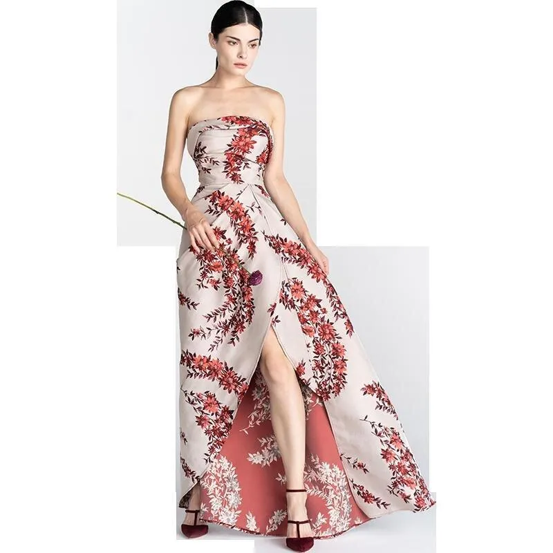 Print satin long slit strapless evening dress - Gini