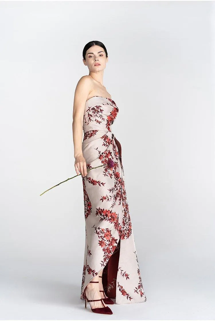 Print satin long slit strapless evening dress - Gini