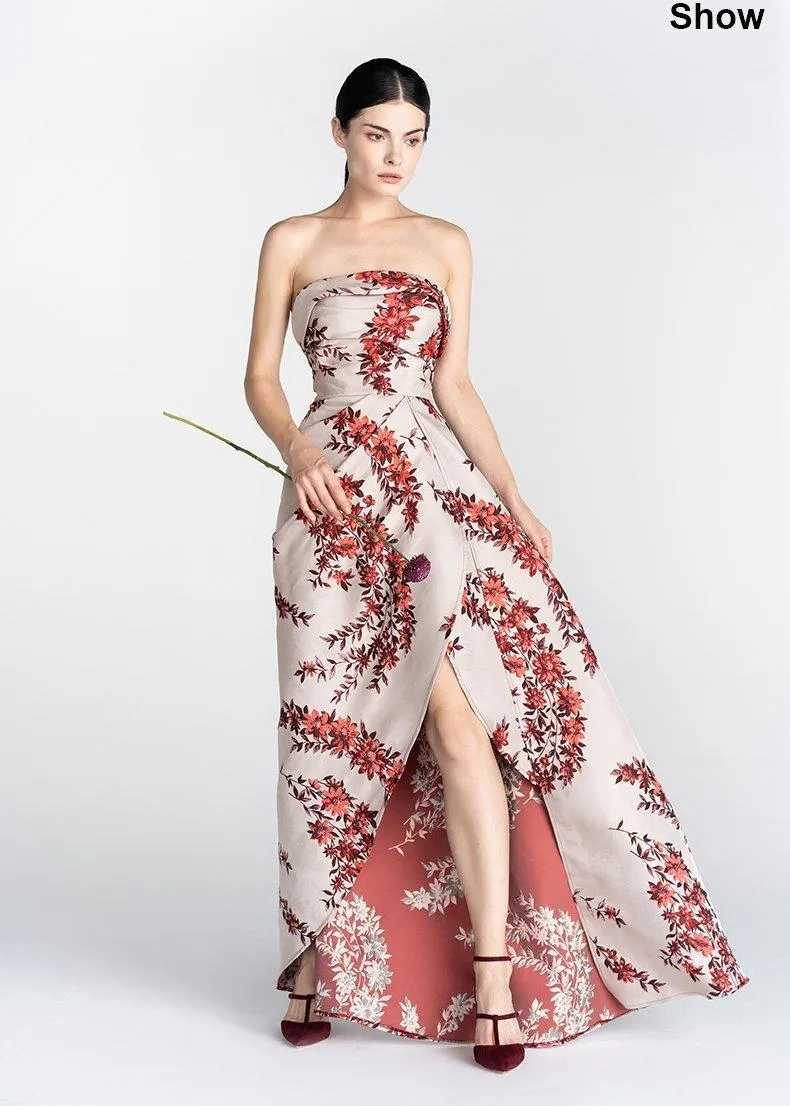 Print satin long slit strapless evening dress - Gini