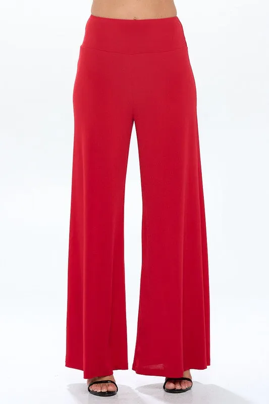 RENEE C. Red Solid Wide Leg Pants w/ Thick Waistband