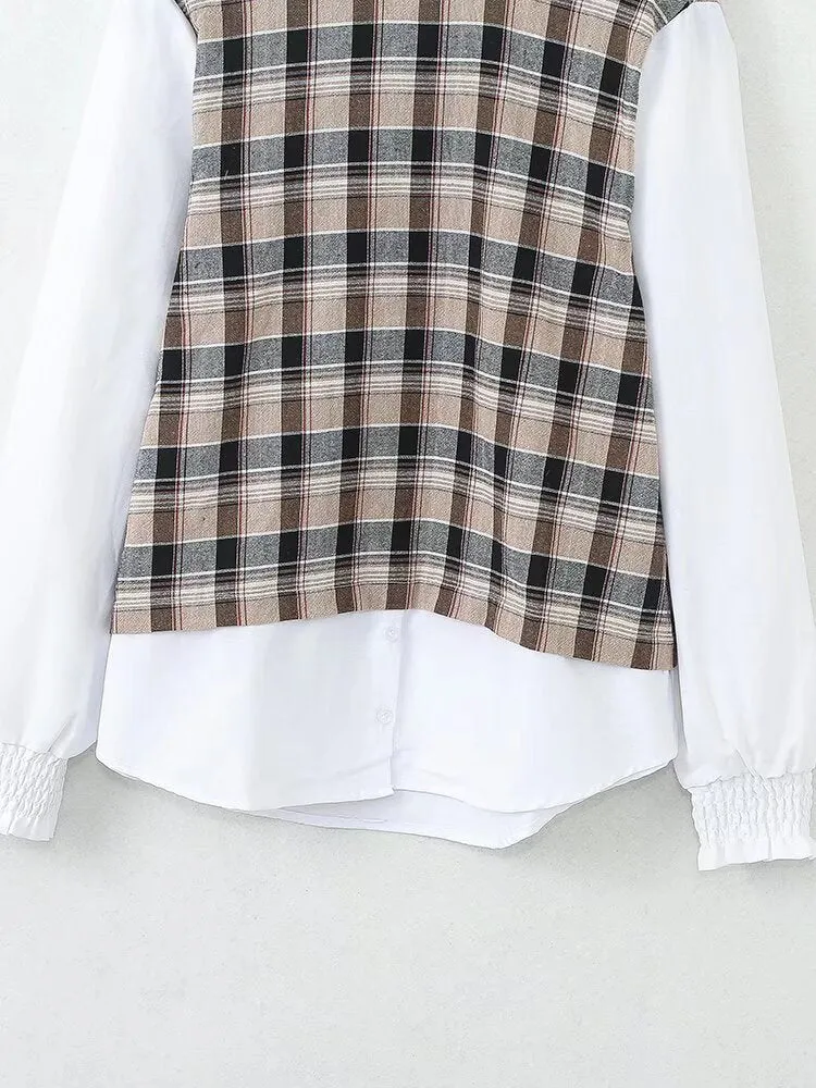 Round Neck Vintage Plaid Print Long Sleeve Blouse