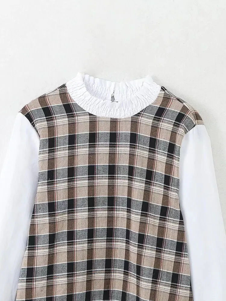 Round Neck Vintage Plaid Print Long Sleeve Blouse