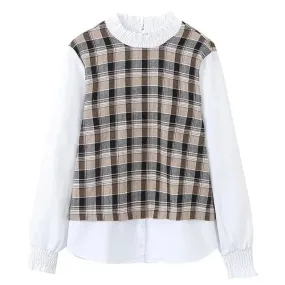 Round Neck Vintage Plaid Print Long Sleeve Blouse