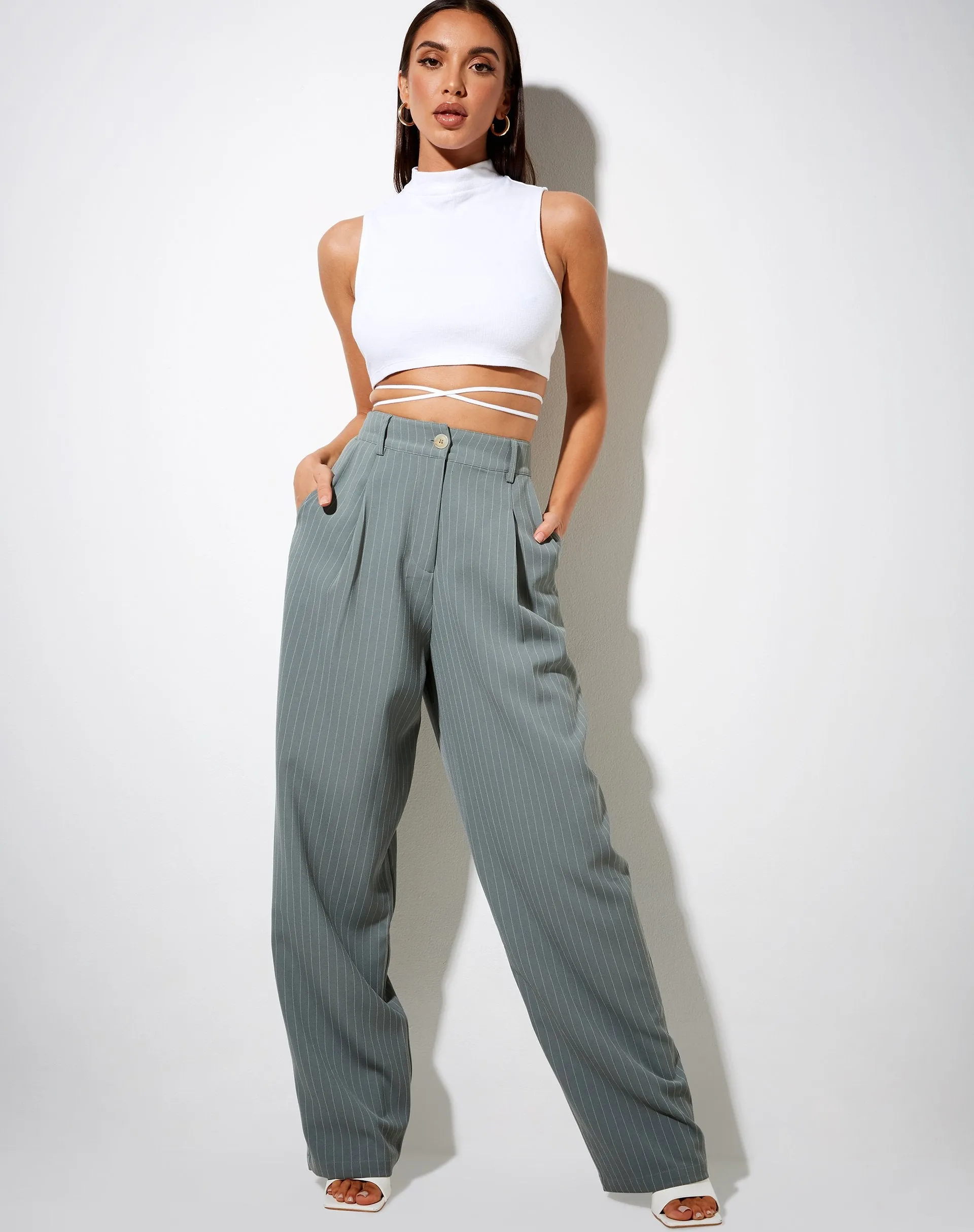 Sakila Trouser in Pinstripe Sage