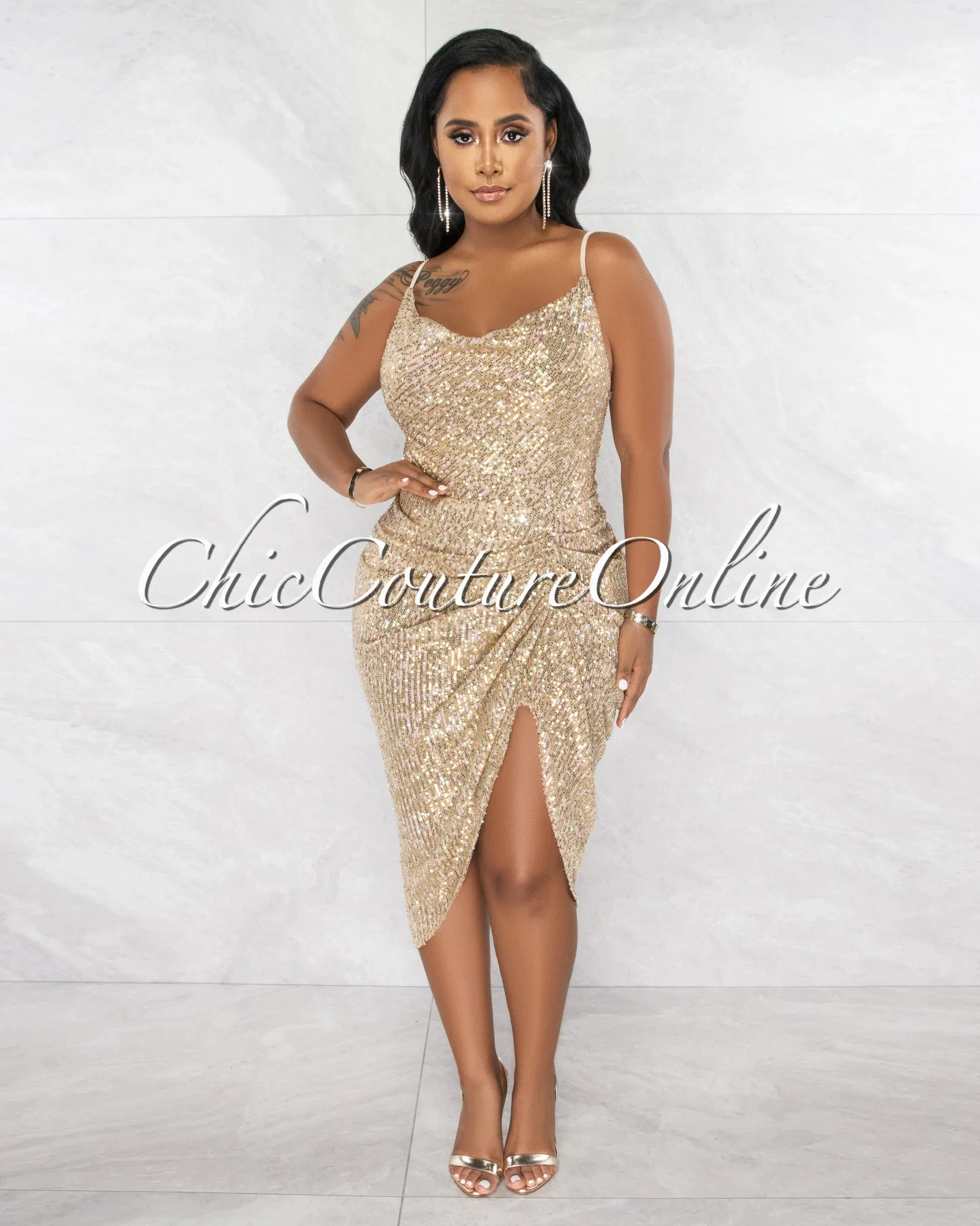 Saunders Nude Gold Sequins Draped Bodysuit Midi Dress