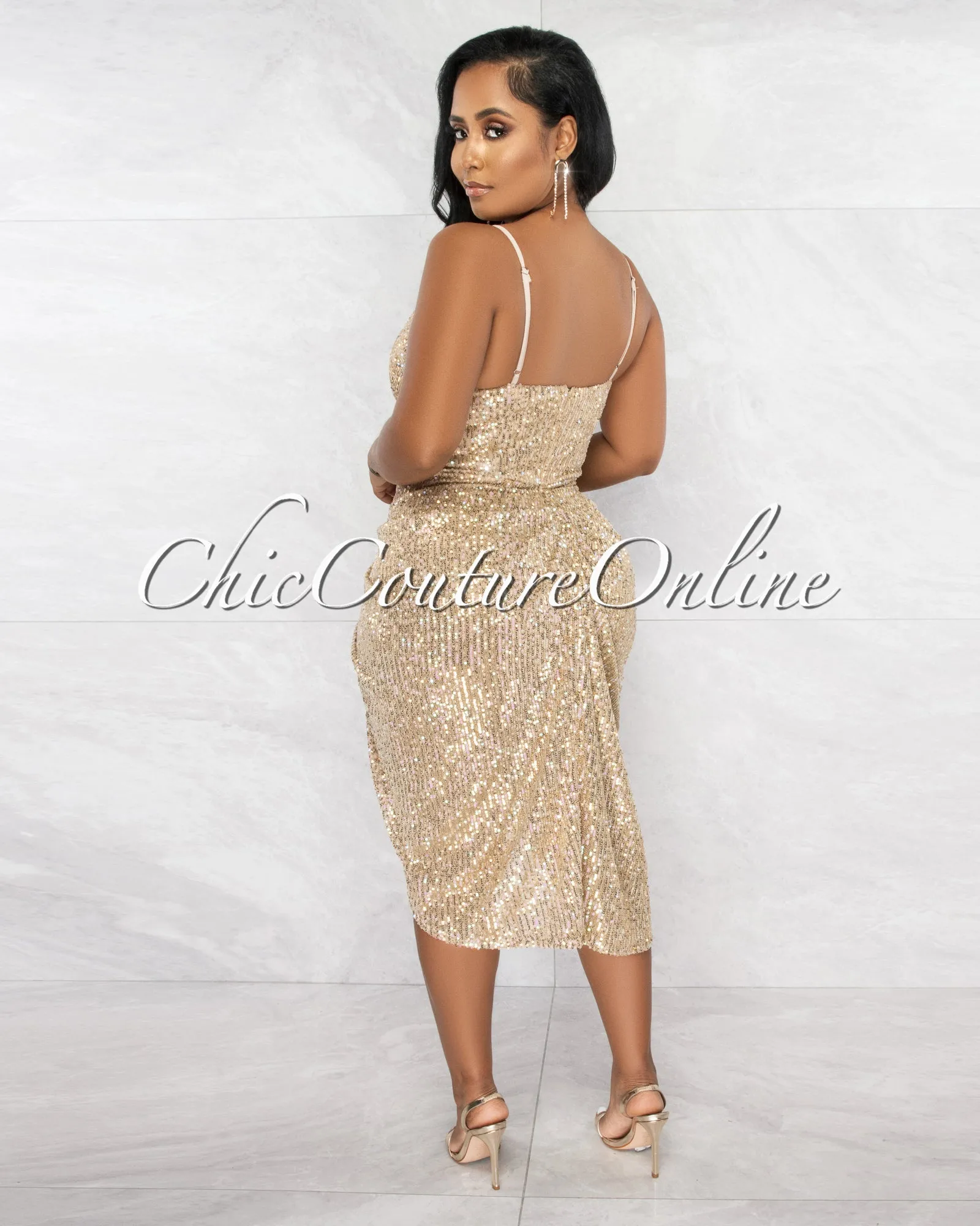 Saunders Nude Gold Sequins Draped Bodysuit Midi Dress