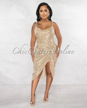 Saunders Nude Gold Sequins Draped Bodysuit Midi Dress