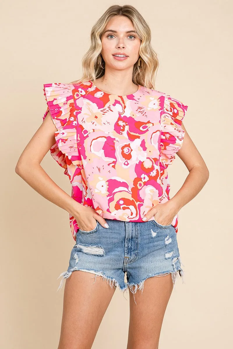 Self Double Layered Floral Ruffled Tops