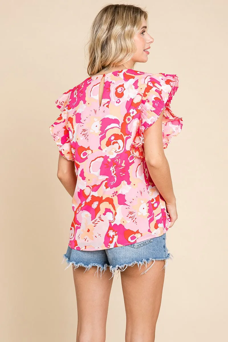 Self Double Layered Floral Ruffled Tops