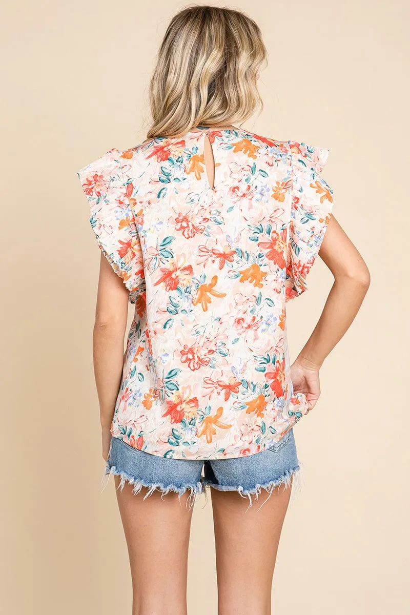 Self Double Layered Floral Ruffled Tops