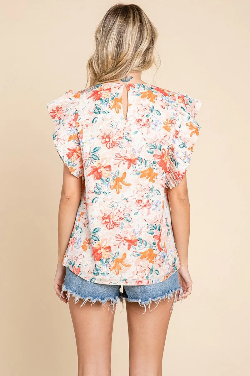 Self Double Layered Floral Ruffled Tops