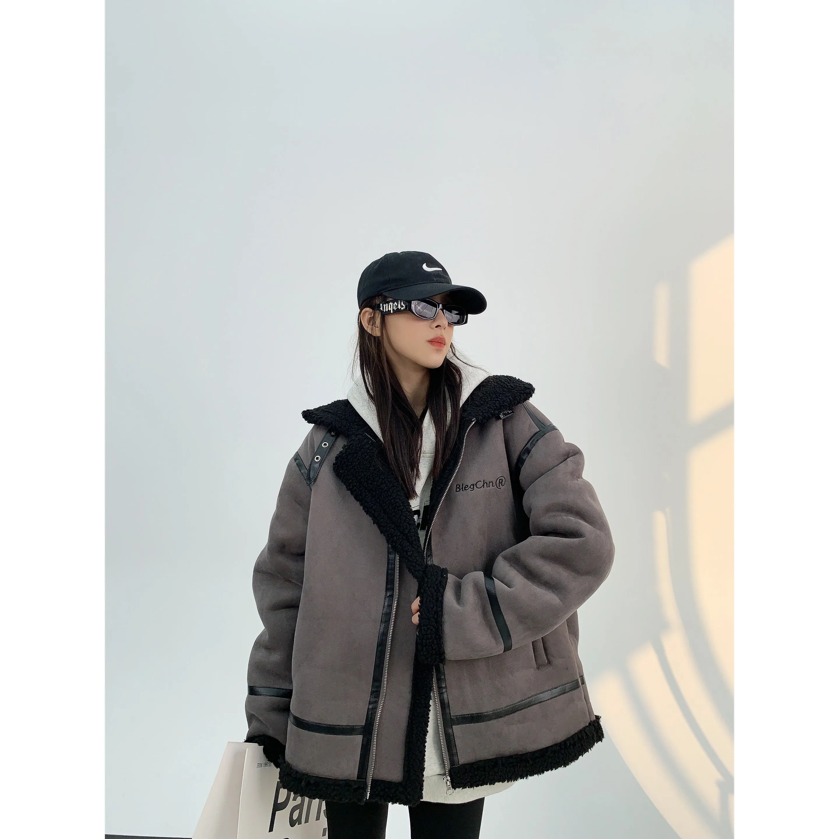 Shearling Lined Zip Closure Hooded Coat