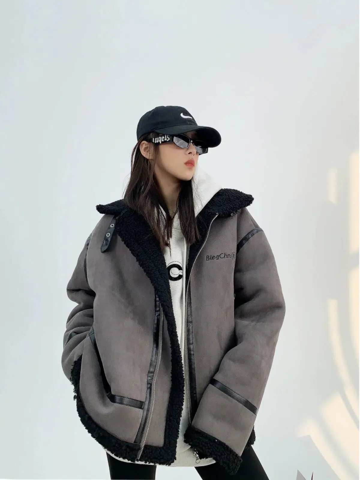 Shearling Lined Zip Closure Hooded Coat